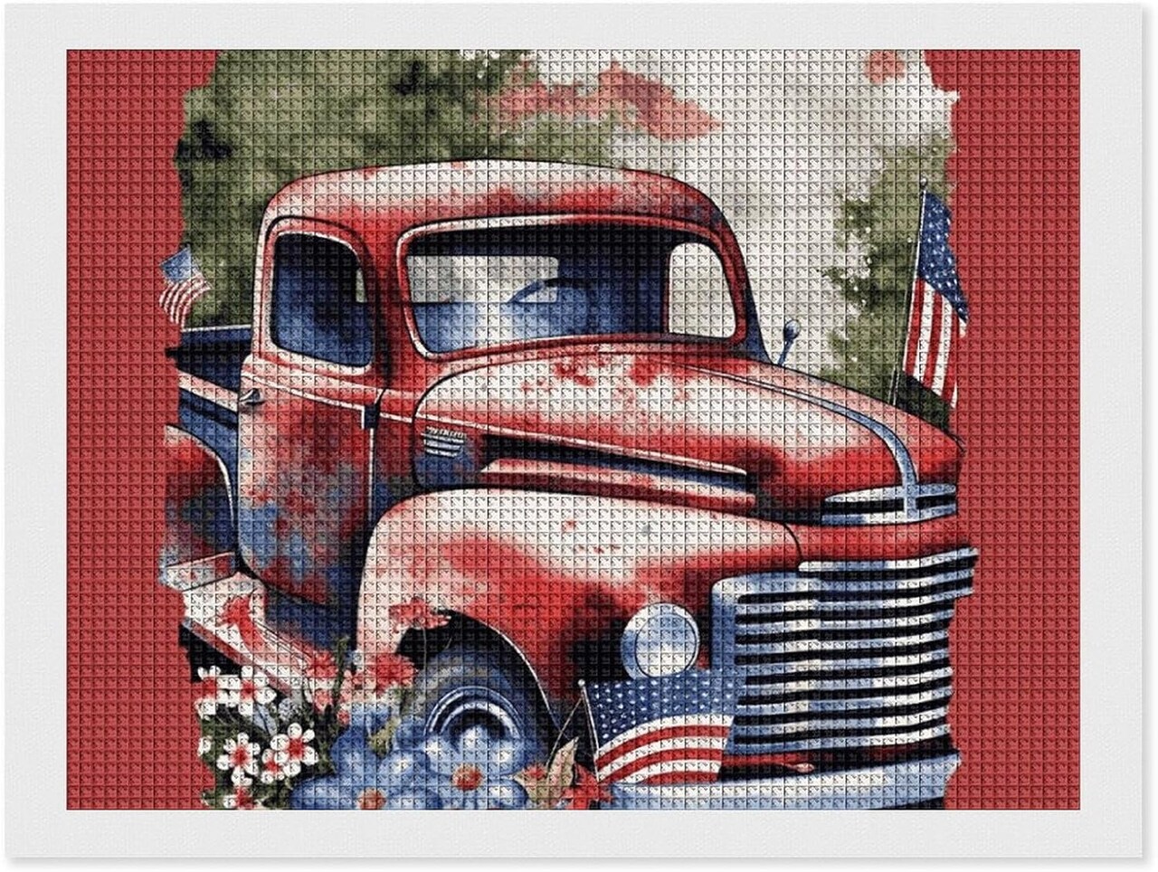 4th of July Patriotic Old Red Truck Diamond Painting Kits for Adults Diamond Art Kit for Beginner 5D DIY Full Square Diamond Art Craft Kits for Adults for Home Wall Decor